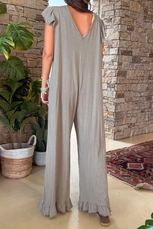Made in Italy Bay Slub Mamma Mia Frill Jumpsuit Mocha